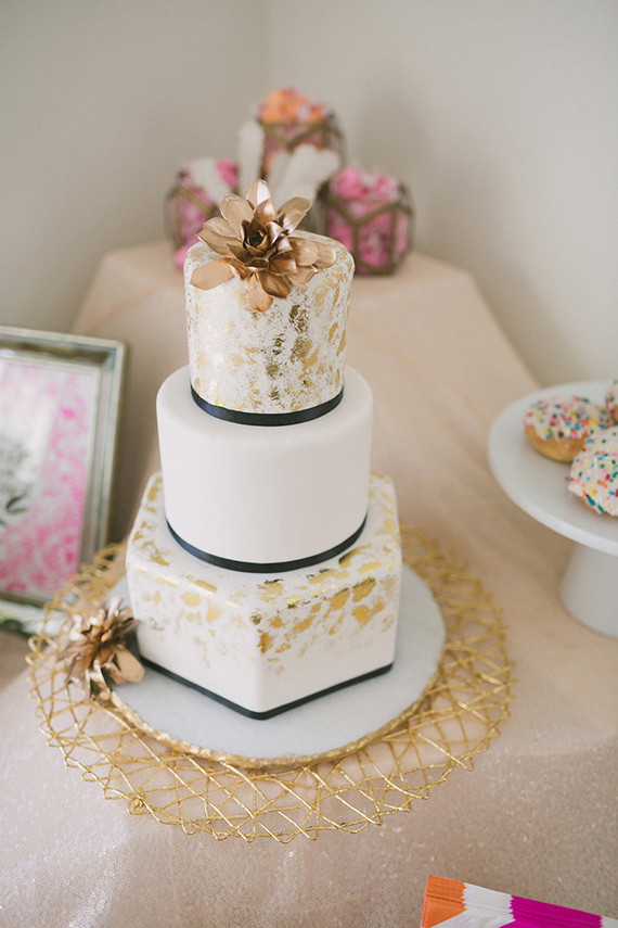 Modern Valentine's Day white and gold wedding cake