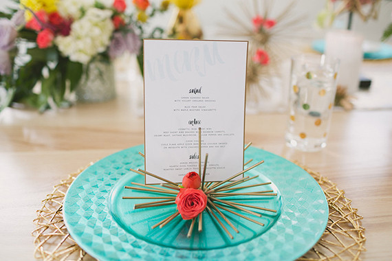 Modern Valentine's Day wedding invitation with teal charger