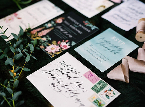 Dramatic floral wedding invitations