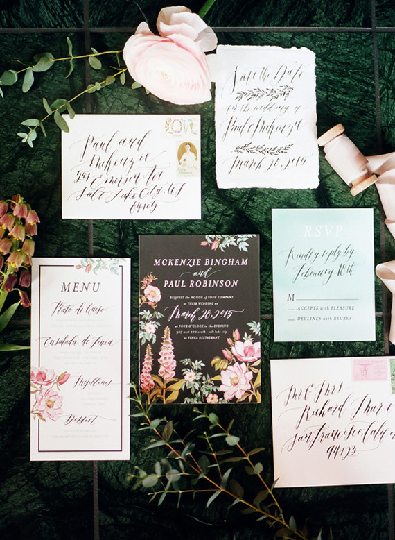 Dramatic floral wedding invitations