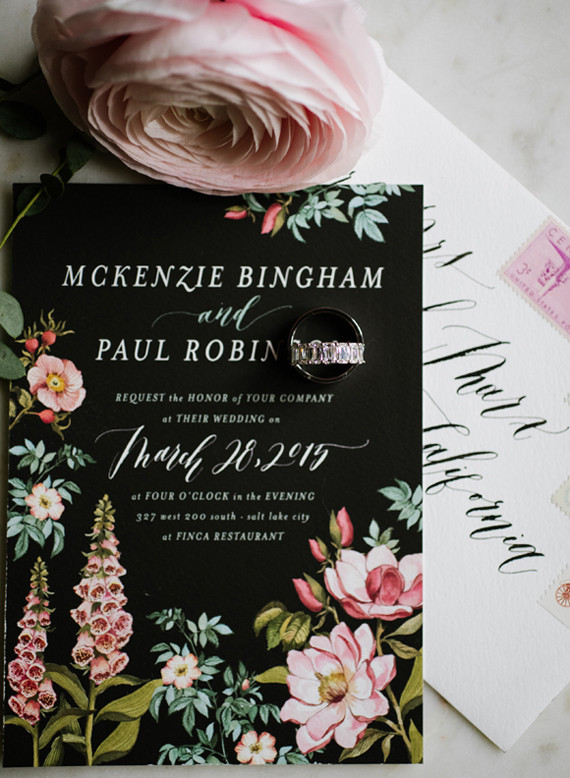 Dramatic floral wedding invitations