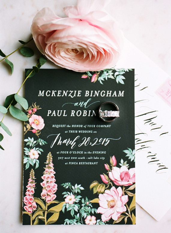 Dramatic floral wedding invitations