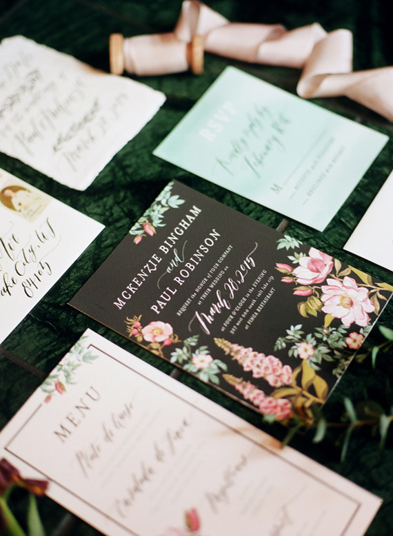 Dramatic floral wedding invitations