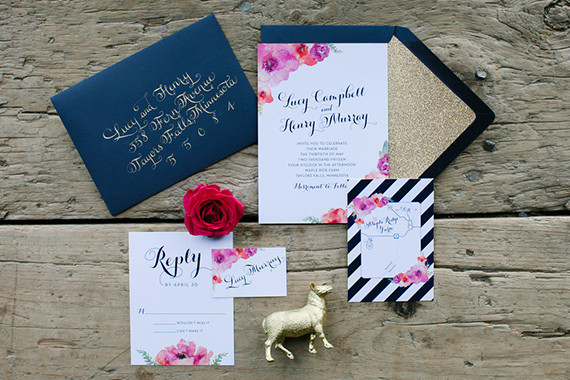Blue, gold and pink floral wedding invitations