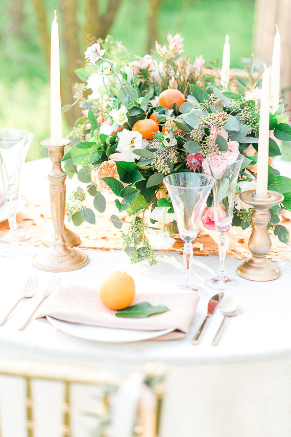 Gold, white and light pink tablescape