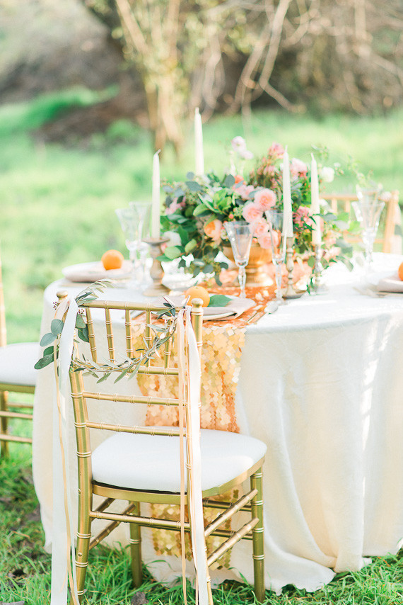 Gold, white and light pink tablescape
