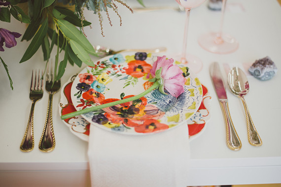 Purple bohemian wedding place setting Inspiration