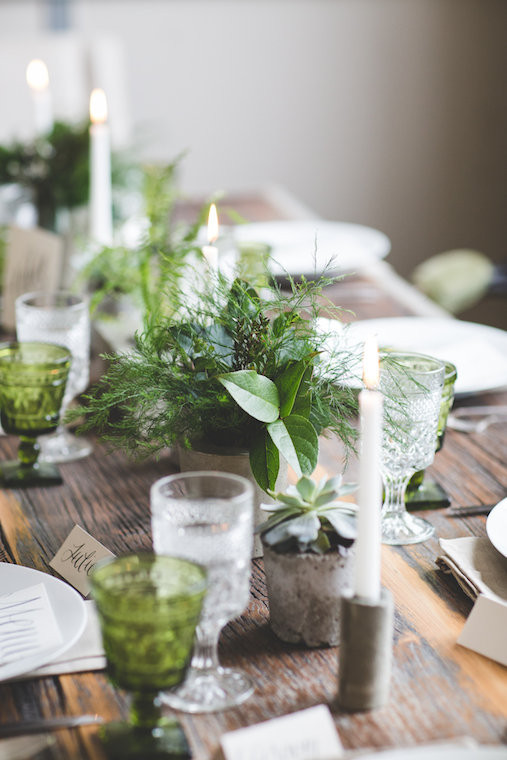 Green and wood rustic tablescape