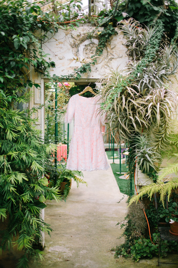 Short lace and pink wedding dress