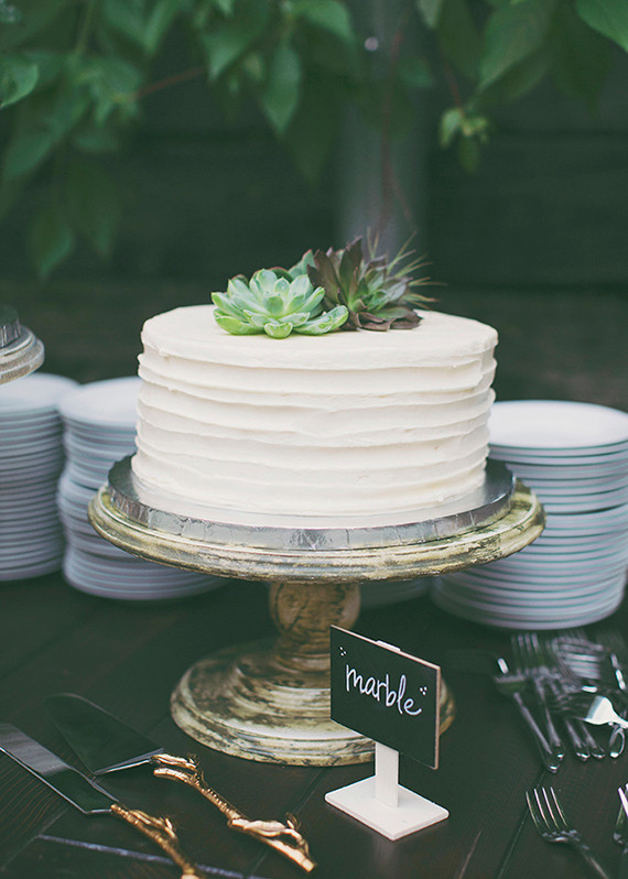 Simple white wedding cake with succulent topper