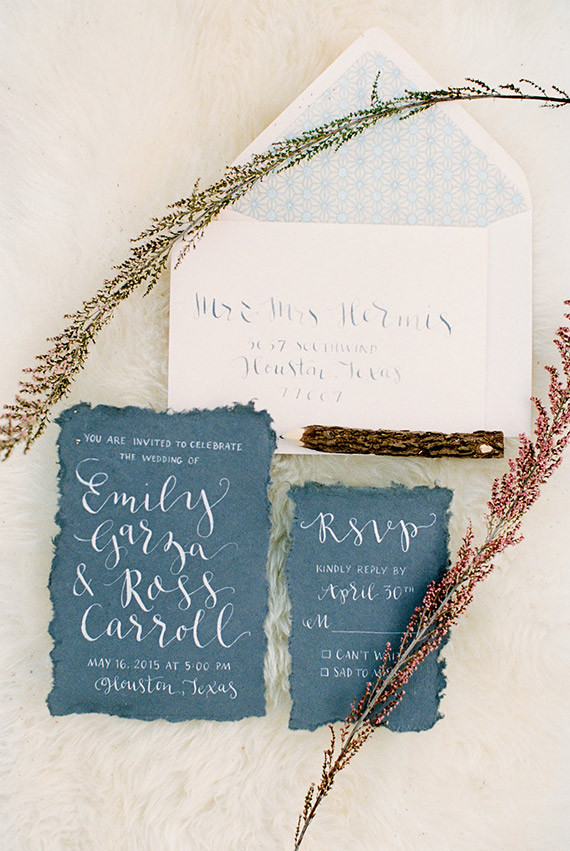 White and blue bohemian calligraphy invitation