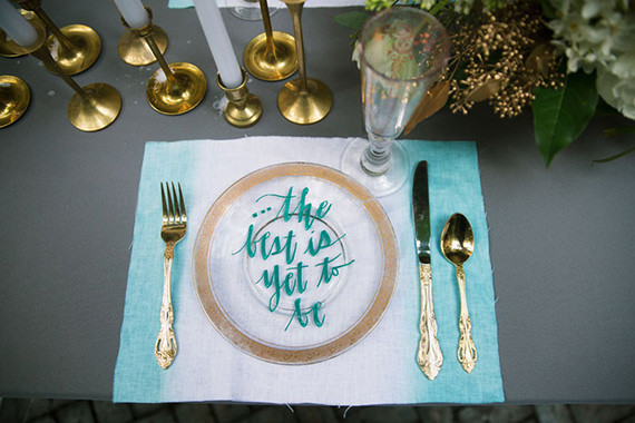 Aqua and gold modern place setting