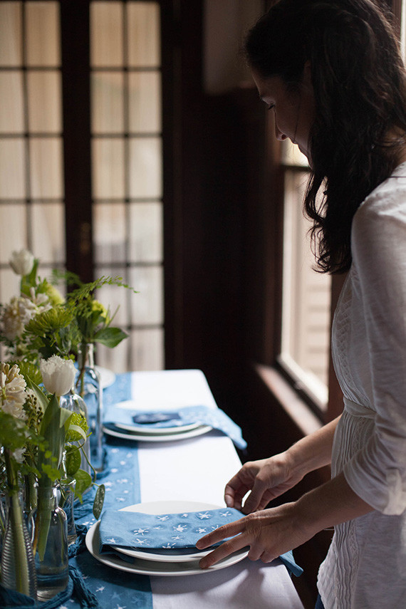 Blue and white dinner party setup