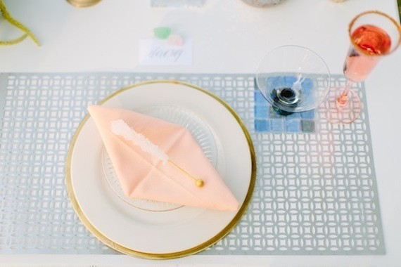 Peach and light blue place setting