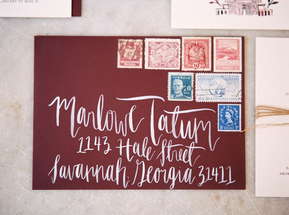 Marsala envelope with vintage stamps