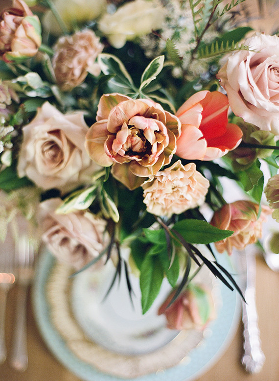 Garden rose and tulip floral centerpiece Inspiration