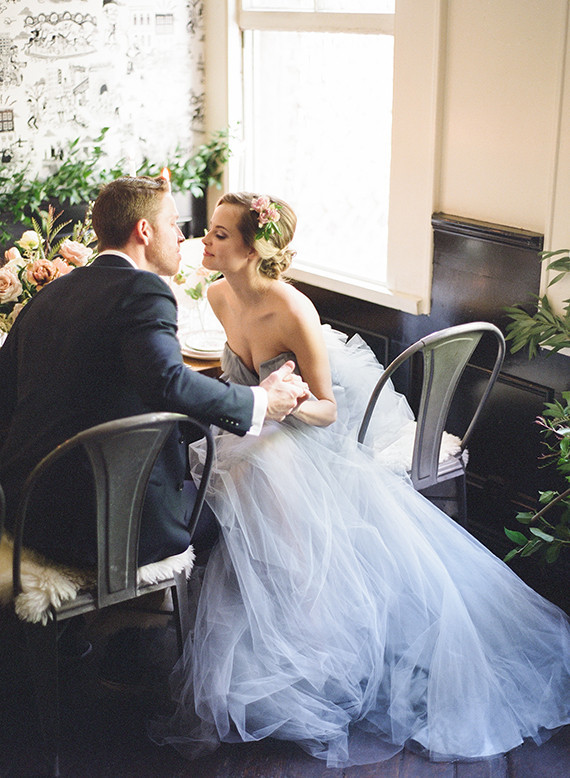 Pale blue tulle wedding dress