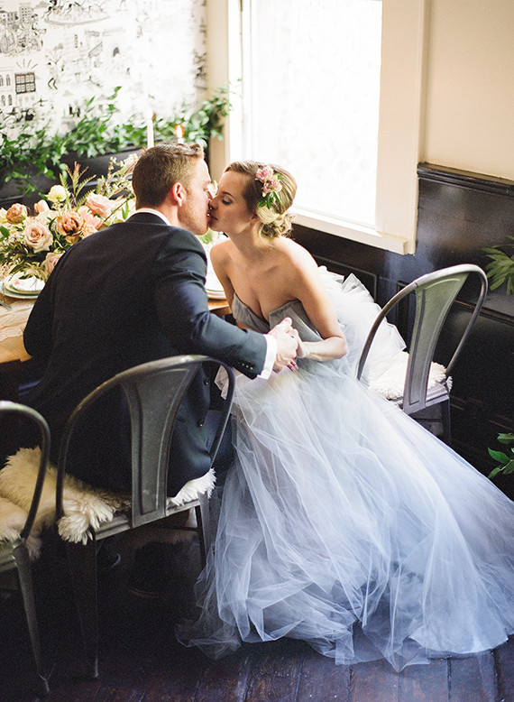 Pale blue tulle wedding dress