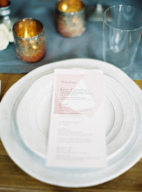 Intimate blue & metallic wedding menu Inspiration