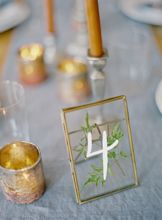 Intimate blue & metallic wedding table numbers