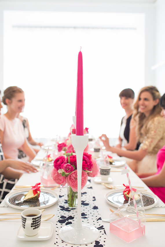 Modern pink, black and white tablescape