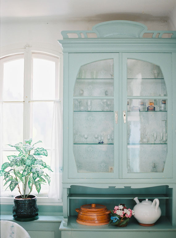 White and light blue wedding reception area