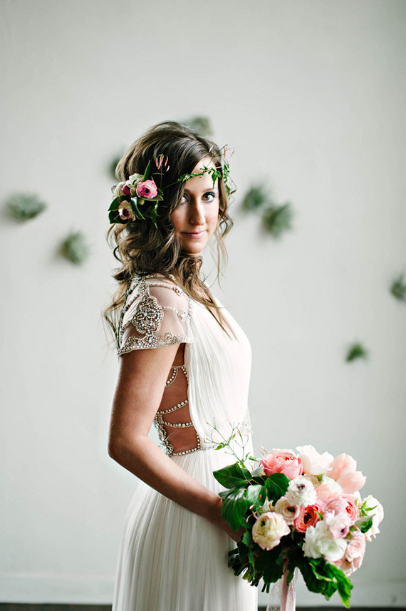 Bride hairstyling and wedding dress