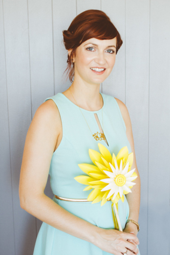 Bridesmaid with DIY yellow paper flower bouquet