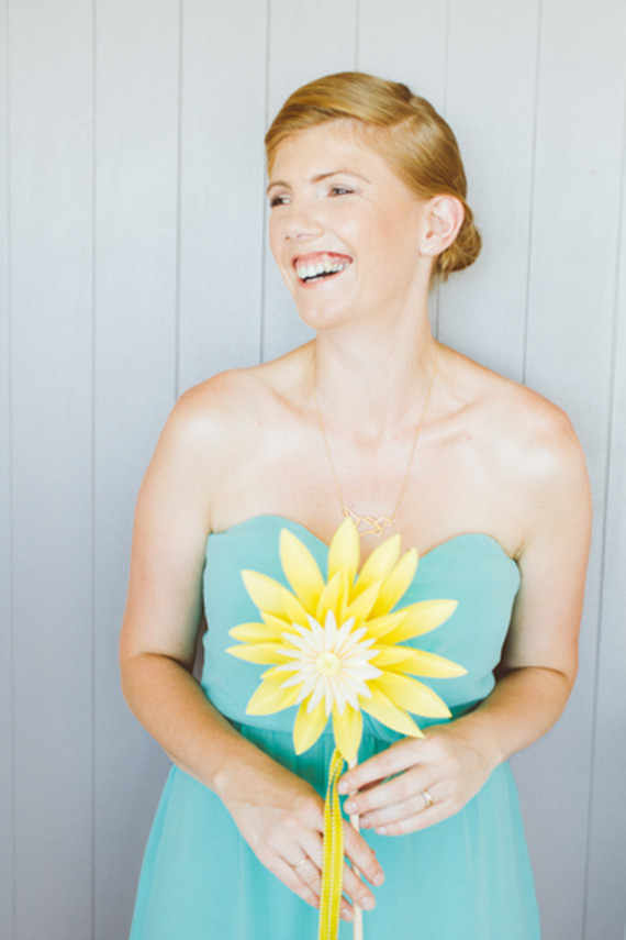 Bridesmaid with DIY yellow paper flower bouquet Inspiration