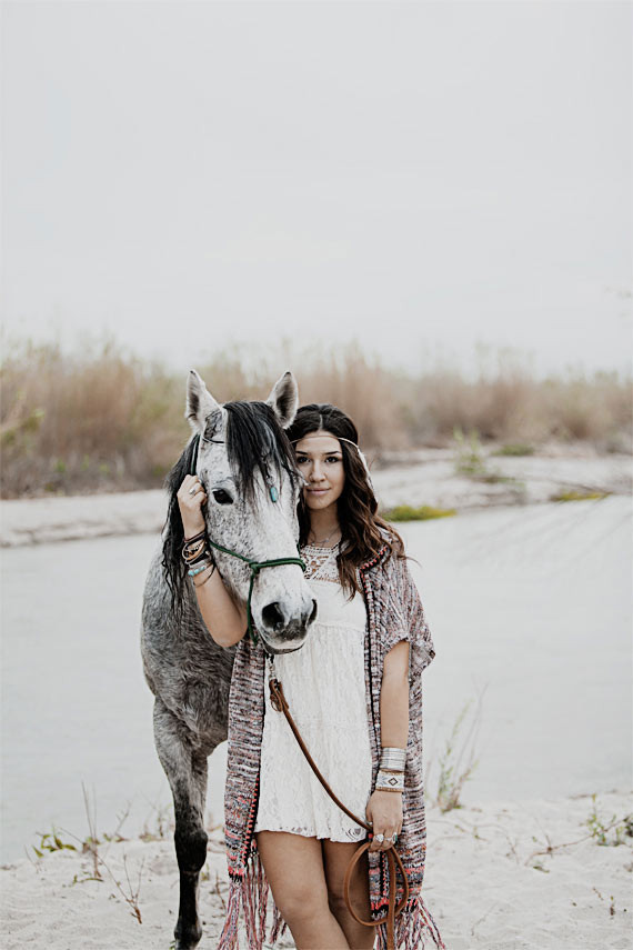 Bohemian inspired bride with white horse