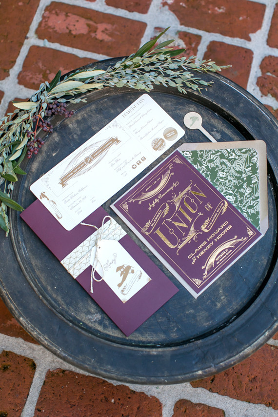 Plum and gold foil elopement invitation