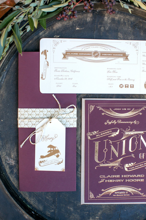Plum and gold foil elopement invitation