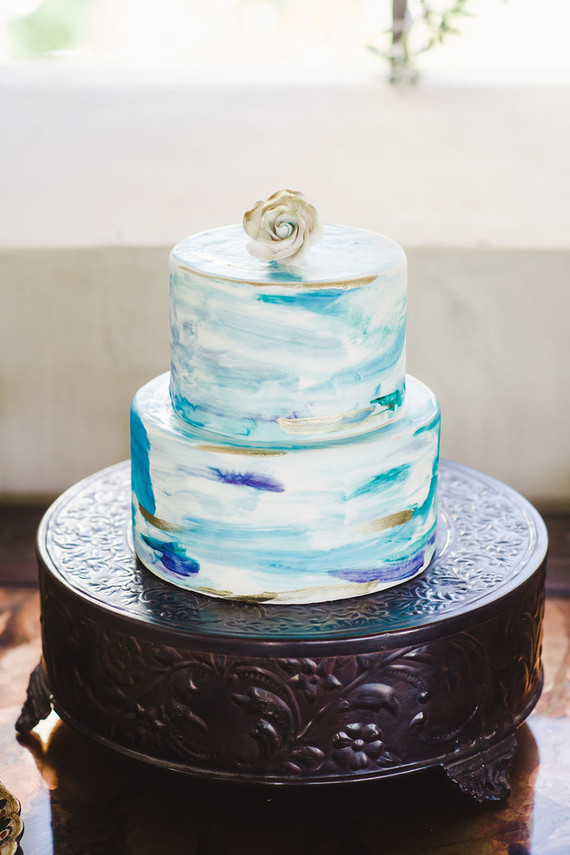 Two tiered blue and turquoise hand painted watercolor cake