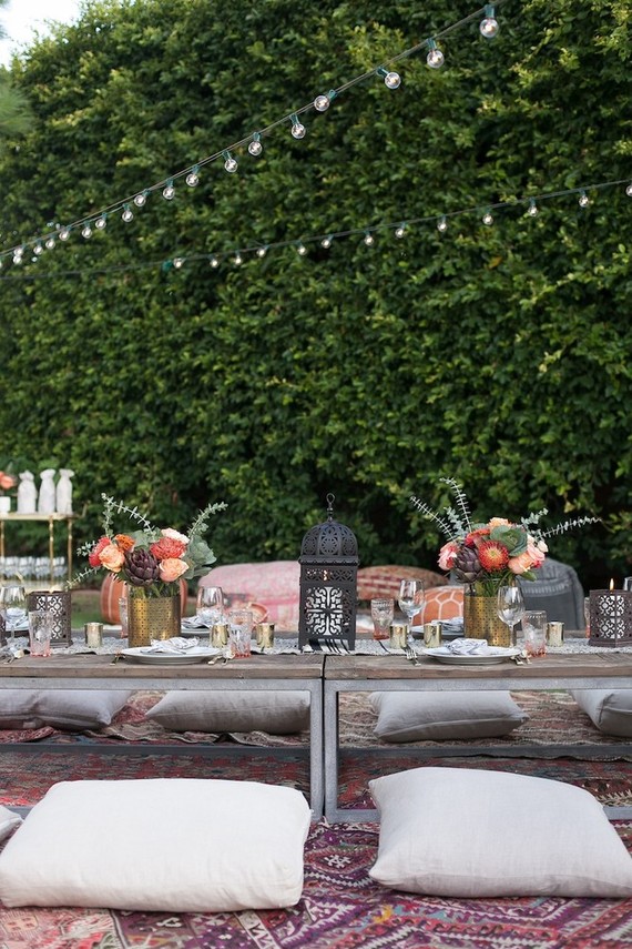 Eclectic outdoor dinner party tablescape