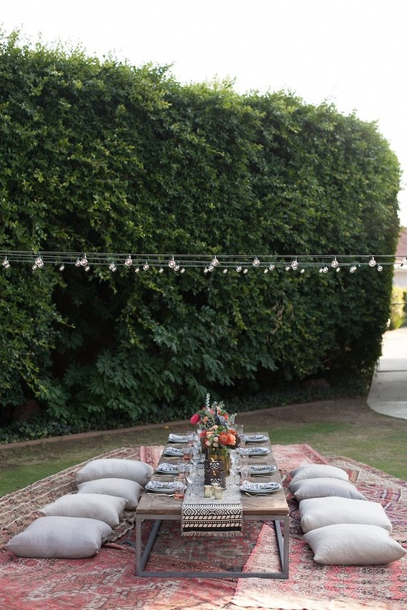 Eclectic outdoor dinner party tablescape