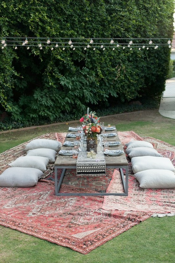 Eclectic outdoor dinner party tablescape