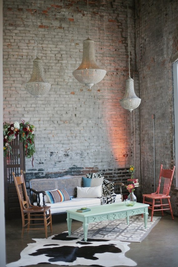 Urban bohemian wedding lounge area