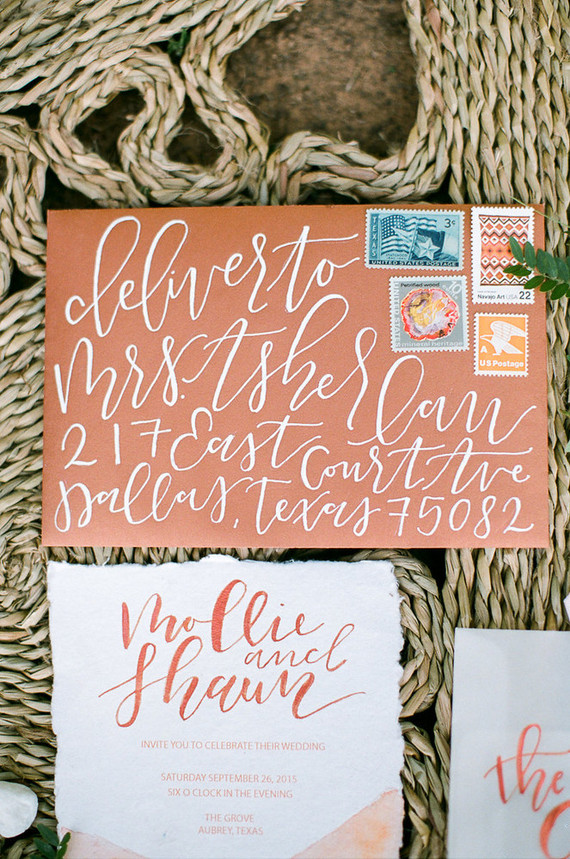 Bohemian copper wedding invitations