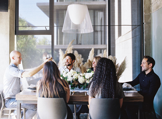 Modern black, white, and gold rehearsal dinner