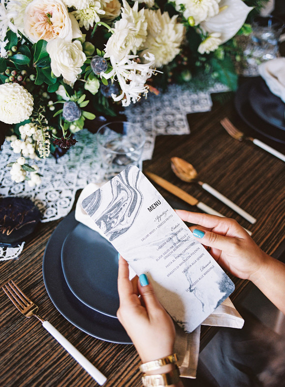 Modern black, white, and gold rehearsal dinner