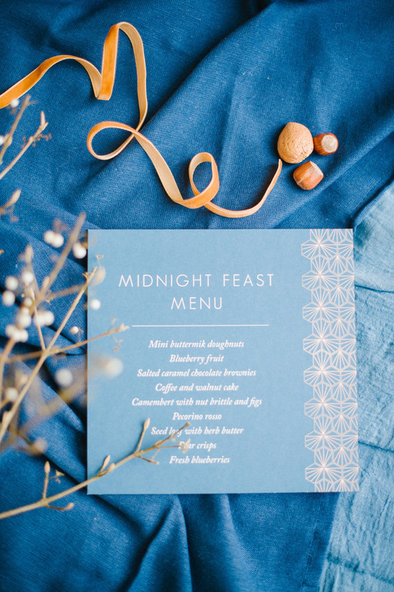 Copper and blue wedding menu