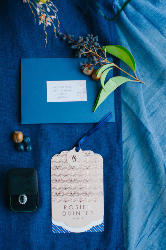 Blue and copper wedding invitation suite