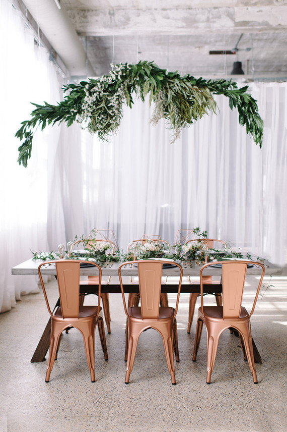 Copper + green industrial modern wedding tablescape Inspiration