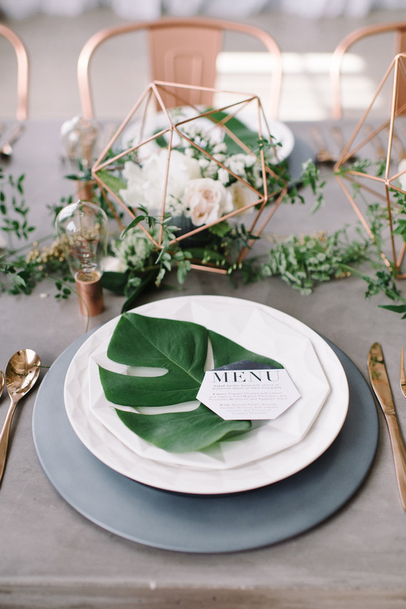 Copper + green industrial modern wedding place setting Inspiration
