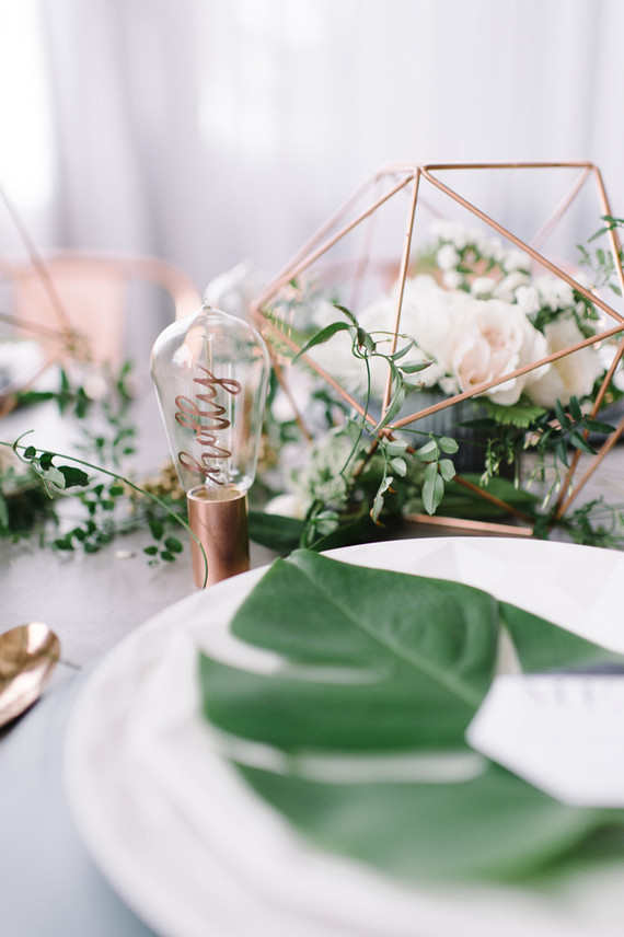 Copper + green industrial modern wedding place setting Inspiration
