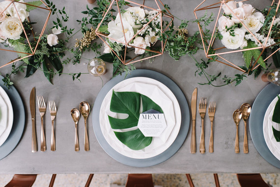 Copper + green industrial modern wedding place setting