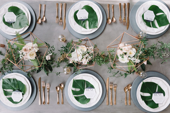 Copper + green industrial modern wedding place setting