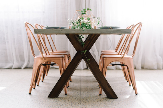 Copper + green industrial modern wedding tablescape