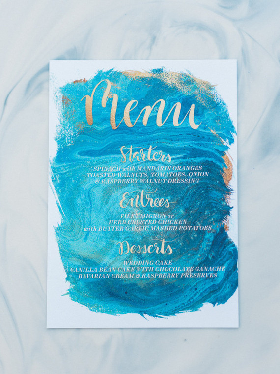 Blue watercolor wedding menu Inspiration