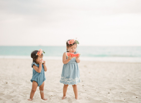 little girls on the beach with flower crowns and watermelon Inspiration